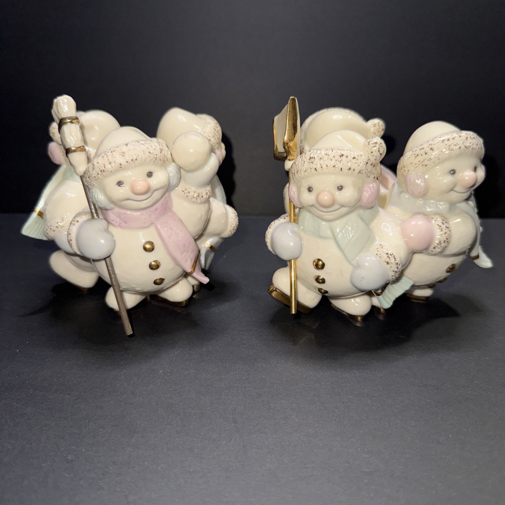 Lenox Snowman Candlestick Holders Set of 2 Christmas Porcelain Ivory Gold